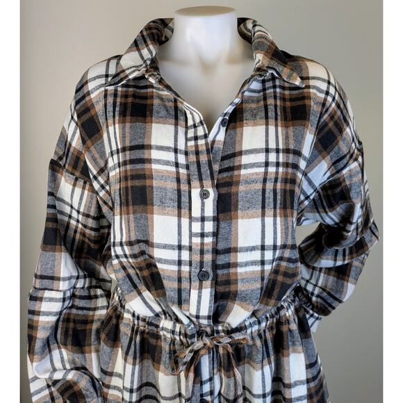 Blooming Jelly Flannel Shirt Dress XL Brown Plaid Stretch Cowgirl Western NEW - Picture 2 of 9